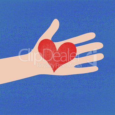 Love red heart in hand to woman on grunge denim background . Vector illustration .