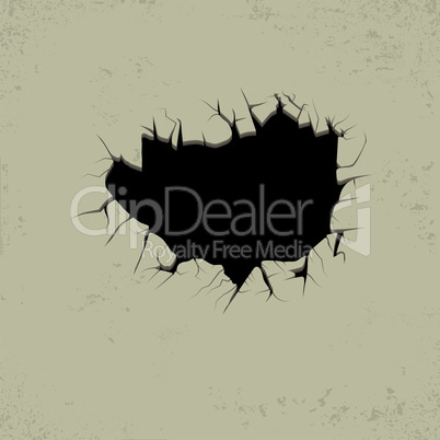 Hole cracks in the wall. Broken concrete template for a content. Cleft, crushed, flaw vector illustration.