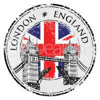 Tower Bridge grunge stamp with flag, vector illustration , London vector hand drawn illustration