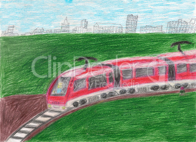 High speed modern commuter train transportation drawn by kid, illustration