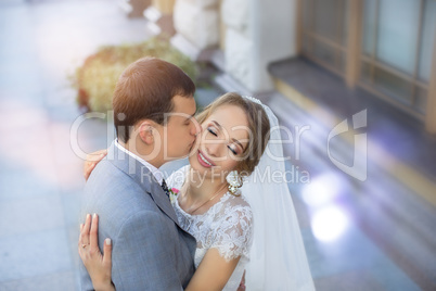 The bride and groom for a walk