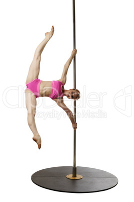 Smiling gymnast poses during workout on pole