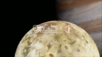 Closeup of Io Moon with a Gigantic Perspective of Jupiter Transit