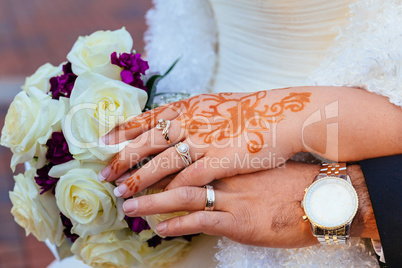 Bride's Hand With Henna Tattoo And Jewellery, Wedding