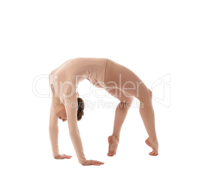 Gymnastics. Flexible girl poses, isolated on white