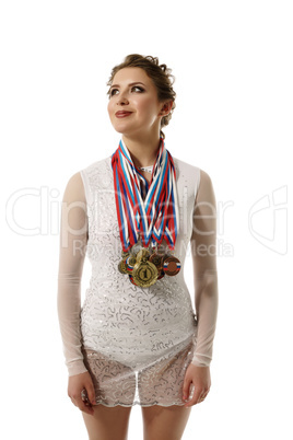 Charming gymnast with medals, isolated on white