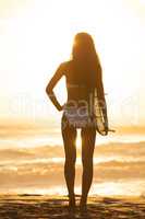 Woman Bikini Surfer & Surfboard Sunset Beach