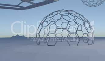 abstract landscape with hexagone spheres in blue colors 3d illustration