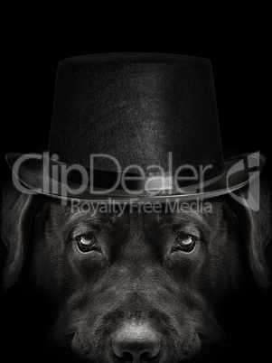 dark muzzle labrador dog n a hat closeup. front view