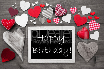 Chalkbord With Many Red Hearts, Happy Birthday