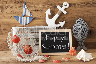 Chalkboard With Nautical Decoration, Text Happy Summer