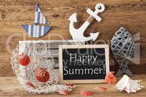 Chalkboard With Nautical Decoration, Text Happy Summer