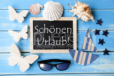 Blackboard With Maritime Decoration, Schoenen Urlaub Means Happy Holidays