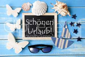 Blackboard With Maritime Decoration, Schoenen Urlaub Means Happy Holidays