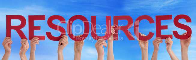 Many People Hands Holding Red Straight Word Resources Blue Sky