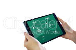 Composite image of hands holding tablet