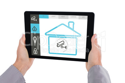 Composite image of cropped hand of man holding digital tablet