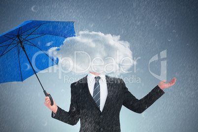 Composite image of happy businessman holding blue umbrella and l