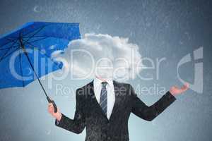 Composite image of happy businessman holding blue umbrella and l
