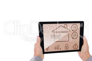 Composite image of cropped hand of man holding digital tablet