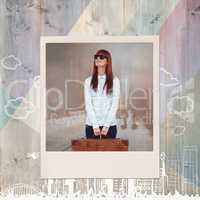 Composite image of smiling hipster woman holding suitcase
