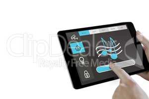 Composite image of man using tablet pc