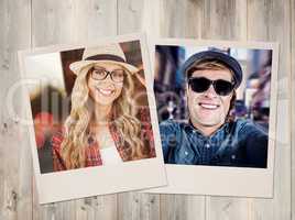 Composite image of gorgeous smiling blonde hipster posing