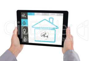 Composite image of cropped hand of man holding digital tablet