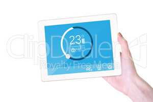 Composite image of feminine hand holding tablet