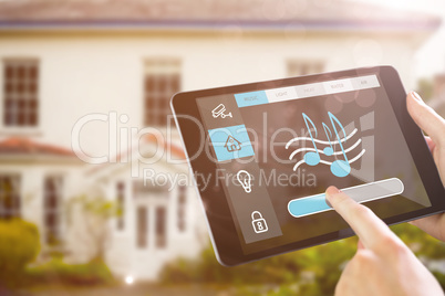 Composite image of man using tablet pc