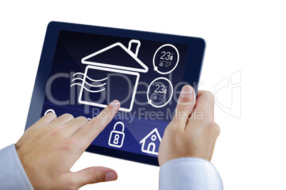 Composite image of man using tablet pc