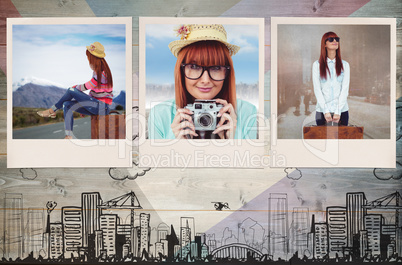 Composite image of smiling hipster woman holding suitcase