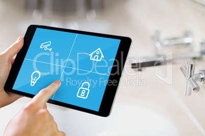 Composite image of man using tablet pc