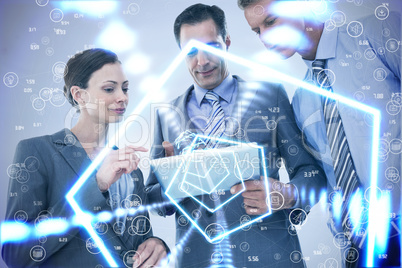Composite image of businessman showing tablet to his colleagues Composite image of businessman showing tablet to his colleagues