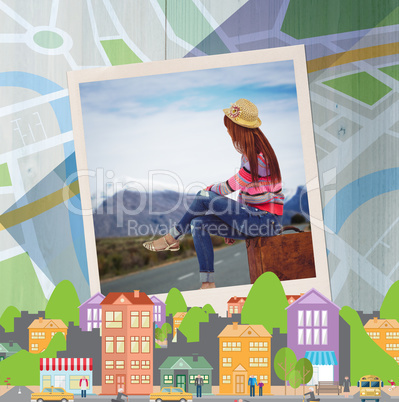 Composite image of hipster woman sitting on her suitcase
