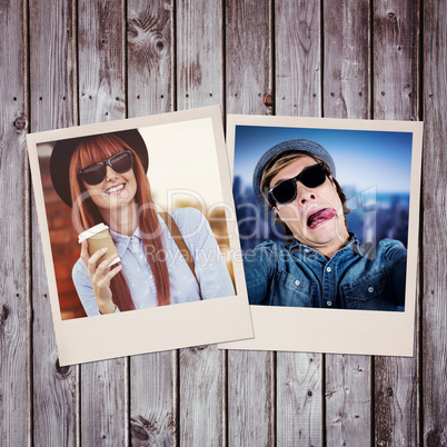 Composite image of smiling hipster woman drinking coffee Composite image of smiling hipster woman drinking coffee