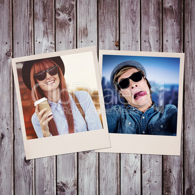 Composite image of smiling hipster woman drinking coffee