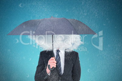 Composite image of unsmiling businessman sheltering under umbrel