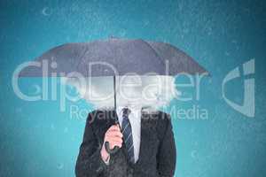 Composite image of unsmiling businessman sheltering under umbrel