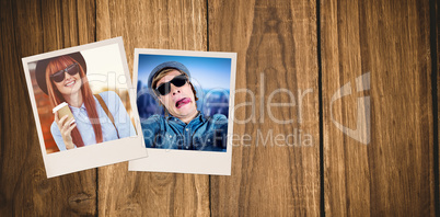 Composite image of smiling hipster woman drinking coffee