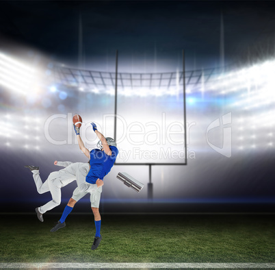 Composite image of businessman tackling a football player