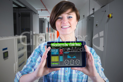 Composite image of smiling woman showing digital tablet with bla