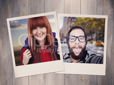 Composite image of smiling hipster woman with a travel bag takin