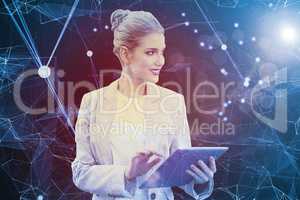 Composite image of cheerful stylish businesswoman using digital