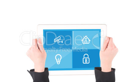 Composite image of feminine hands holding tablet