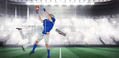 Composite image of businessman tackling a football player