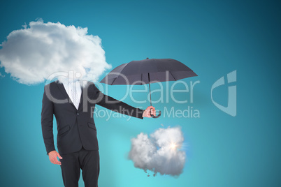Composite image of businessman holding black umbrella beside him