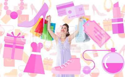 Composite image of smiling brunette showing shopping bags