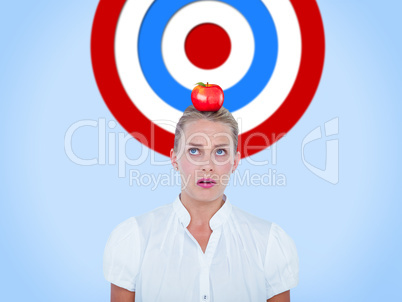 Composite image of close-up of confused businesswoman