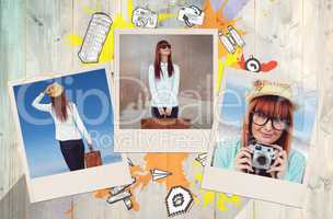 Composite image of portrait of a smiling hipster woman holding r